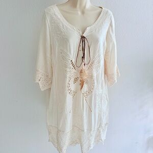 Ashley Taylor Boho Cotton Gauze Tunic OS Lace Up Crochet Lagenlook Dress